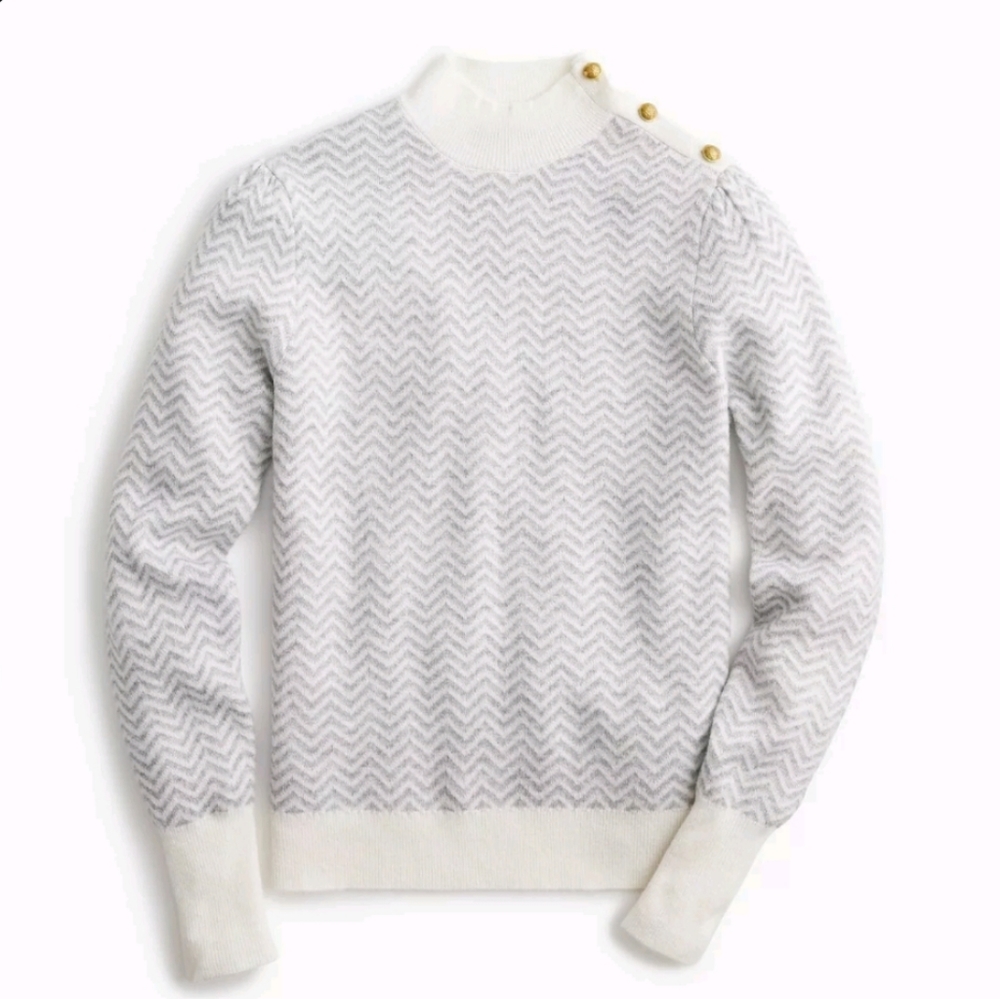 J. Crew Alpaca Blend Chevron Print Sweater Gold Button Detail Mock Neckl…